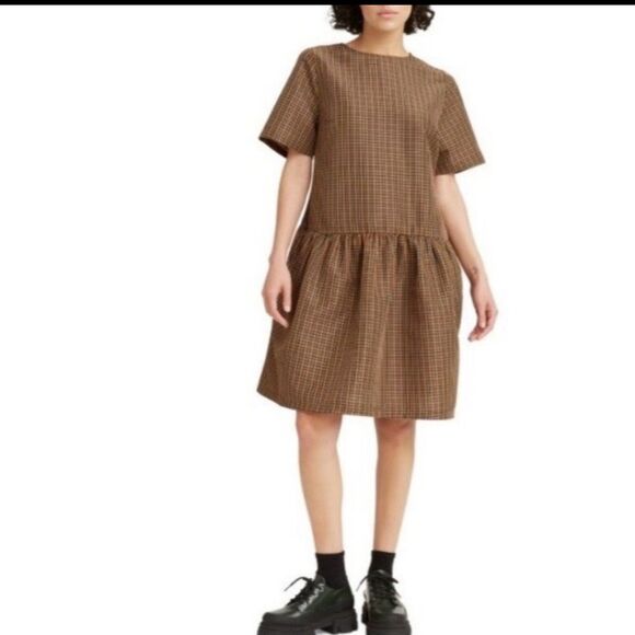 Levi's Raya Taffeta Plaid Dress Brown Orange colors Ruffled  Pockets Size small - Picture 1 of 10